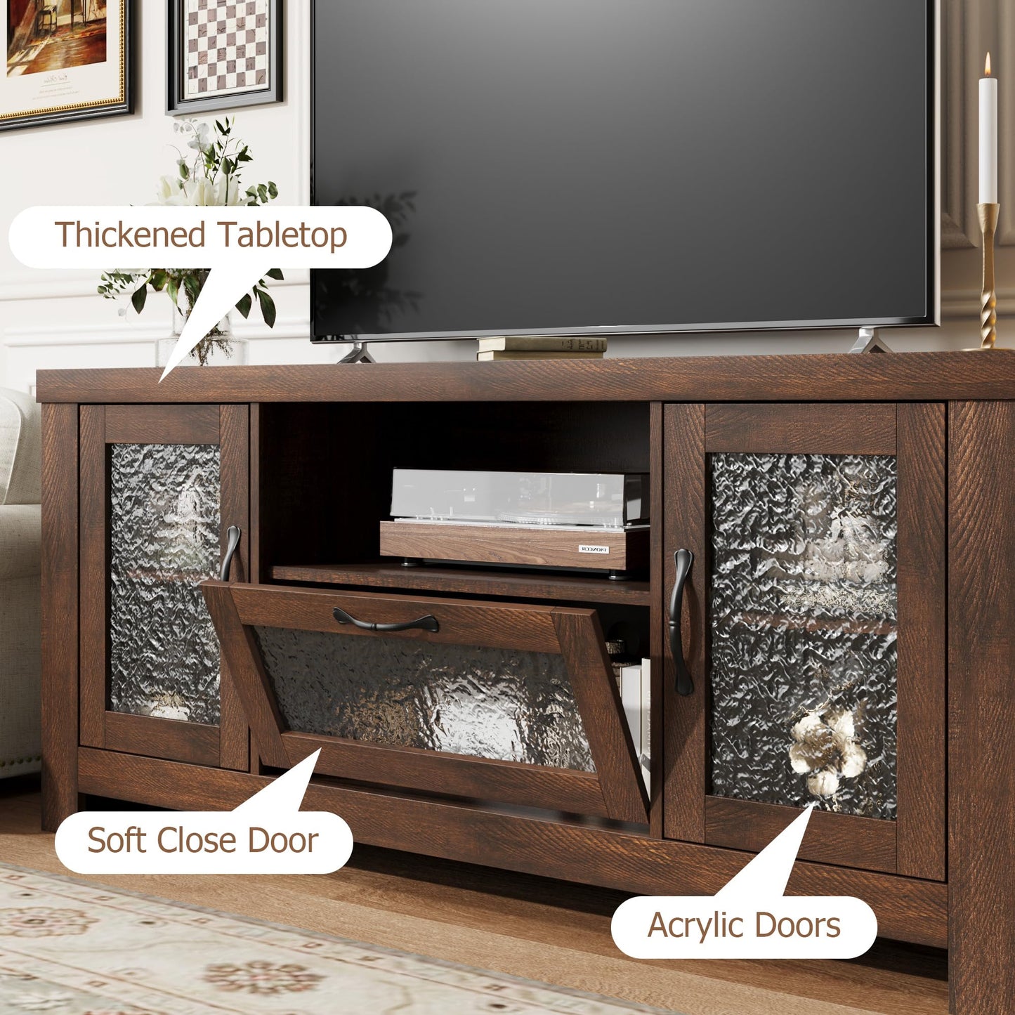 IDEALHOUSE TV Stand for 65 Inch TV, Farmhouse Entertainment Center with Acrylic Door Storage Cabinet & Adjustable Shelves, Rustic TV Console Table for Living Room Bedroom, Brown