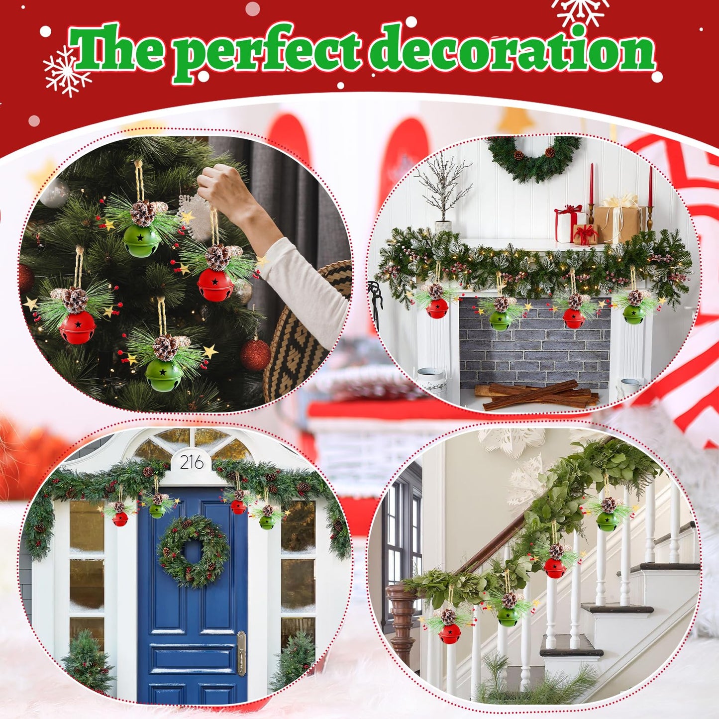 4 Pack Christmas Hanging Jingle Bells Ornaments, Red and Green 3.5 Inch Metal Bells with Frosted Pinecones, Snowy Pine Leaves and Berries, Rustic Xmas Decorations for Tree, Door, Fireplace Party Décor