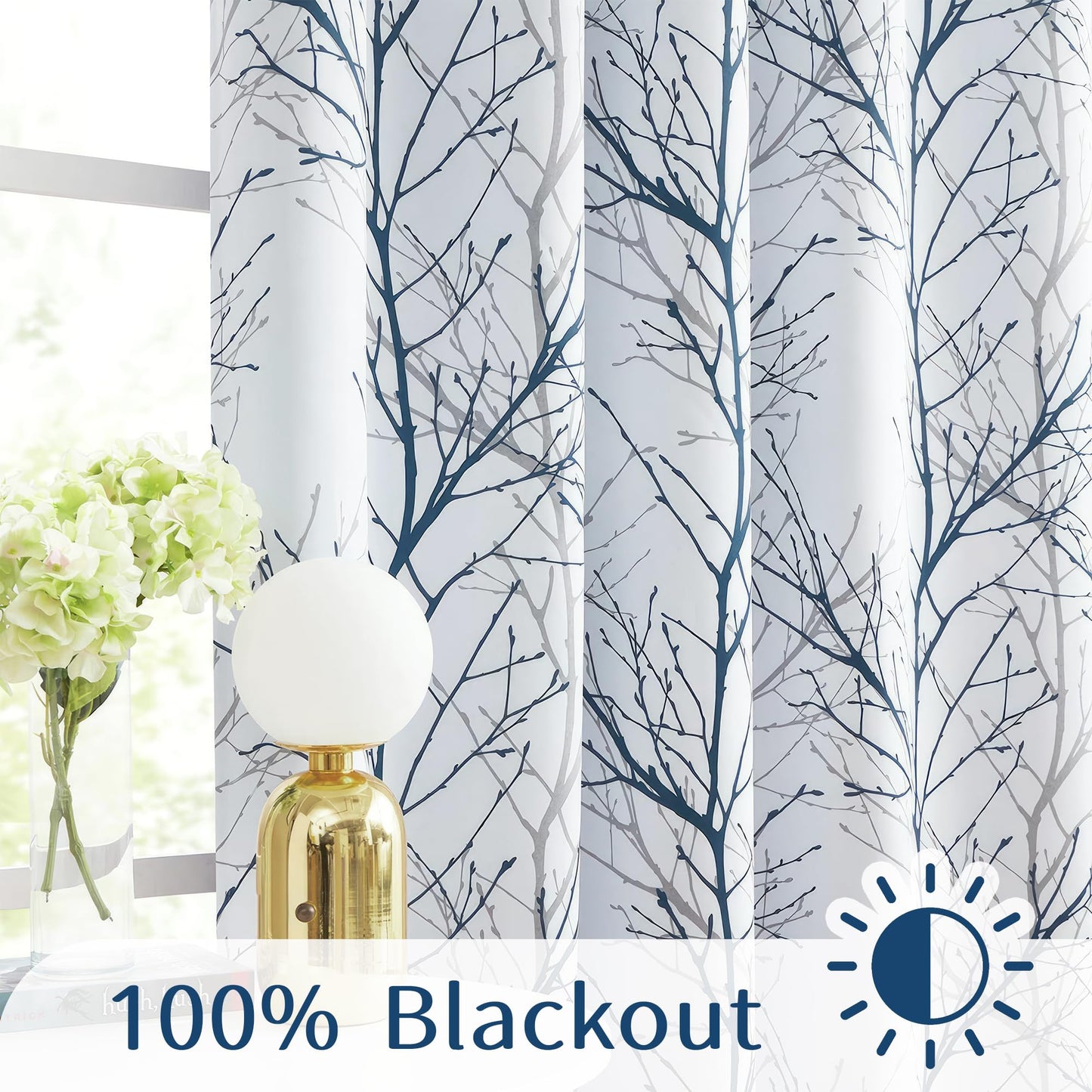 FMFUNCTEX 100% Blackout Curtains for Bedroom, Blue White Tree Curtains 84 Inches Long for Living Room, Grey Farmhouse Room Darkening Window Curtains for Summer Winter 2 Panels Grommet Top