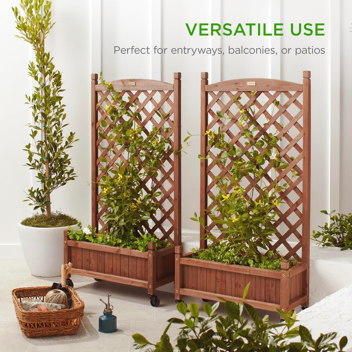 Best Choice Products Set of 2 48in Wood Planter Box & Diamond Lattice Trellis, Mobile Outdoor Raised Garden Bed for Climbing Plants w/Drainage Holes, Optional Wheels - Walnut