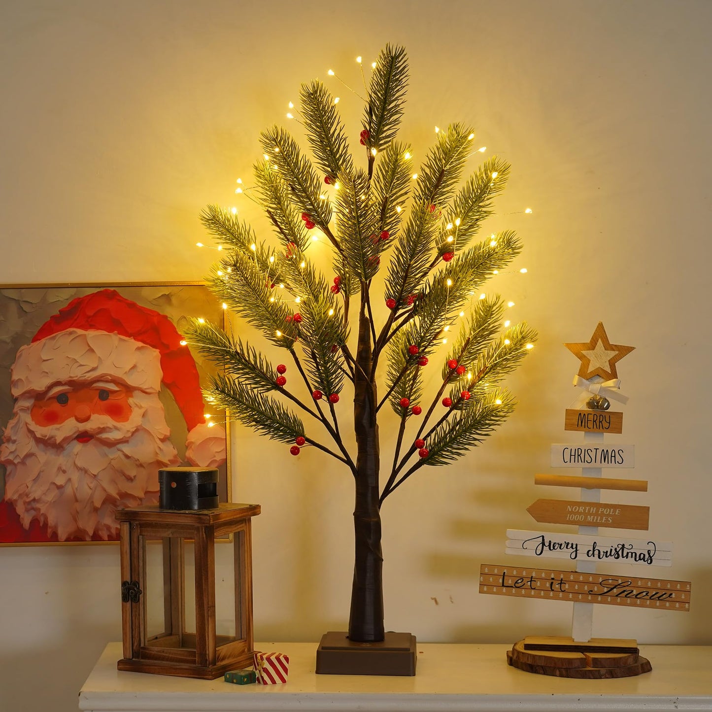 PXBNIUYA 72 LED Artificial Lamp with Timer, DIY Christmas Tree Lights, USB/Battery Powered Desktop Bonsai Tree Pine Needles, Fairy Light Spirit Tree for Indoor Table Home Wedding Bedroom-Warm White