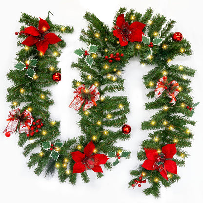 9 FT Christmas Garland with String Light (Individually Packaged), Red Berries, Pinecones, Three-Leafed Berry, Unique Red Flower and Bowknot, Perfect for Decorating Mantel, Staircase, Doorway