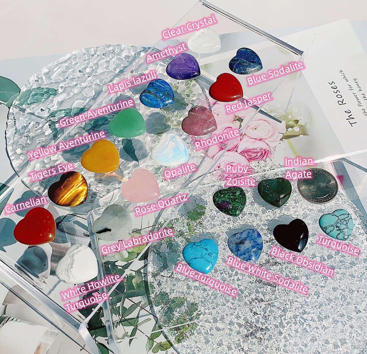 Bundle of 20 PCS Crystals Wands and 20 PCS Natural Heart Crystals Healing Crystal Palm Pocket Stones Polished Love Shaped Gemstones Rose Quartz Amethyst Assorted Set Bulk Wholesale Reiki Energy Balanc