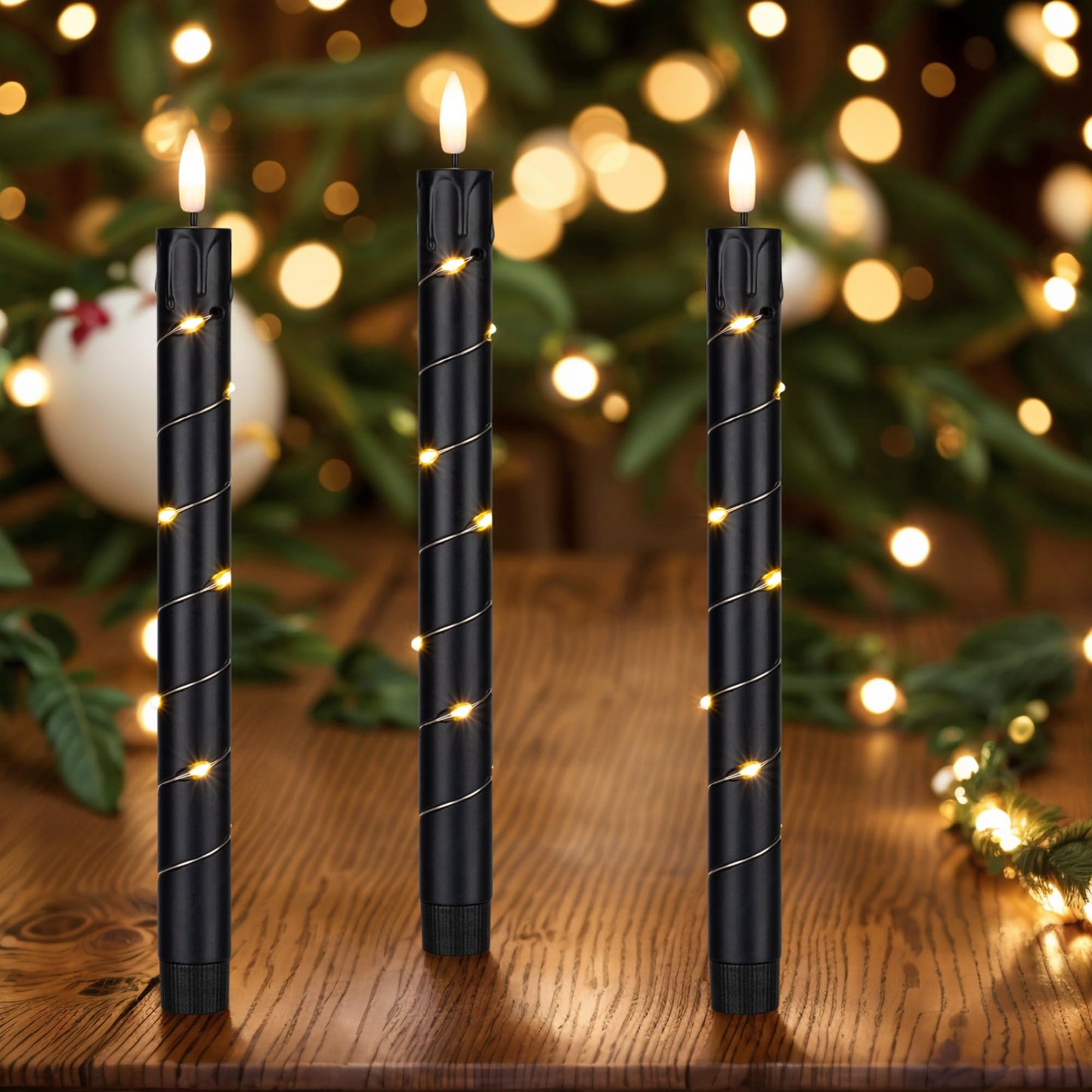 Flameless LED Taper Candles Flickering with Remote & Timer for Halloween Decorations，Battery Operated Candles, Arounded with Starlight String, Party & Home Decoration, Pack of 6,Black