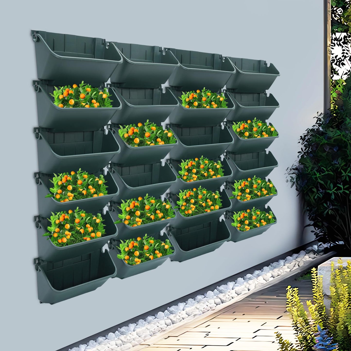 Eapmic Vertical Wall Planter with 24 Pots, Hanging Garden Plant Flowerpot Holder, Stackable Wall-Mounted Planter, Balcony Planters for Flowers Vegetables Fruits (Army Green, 24 Pots)