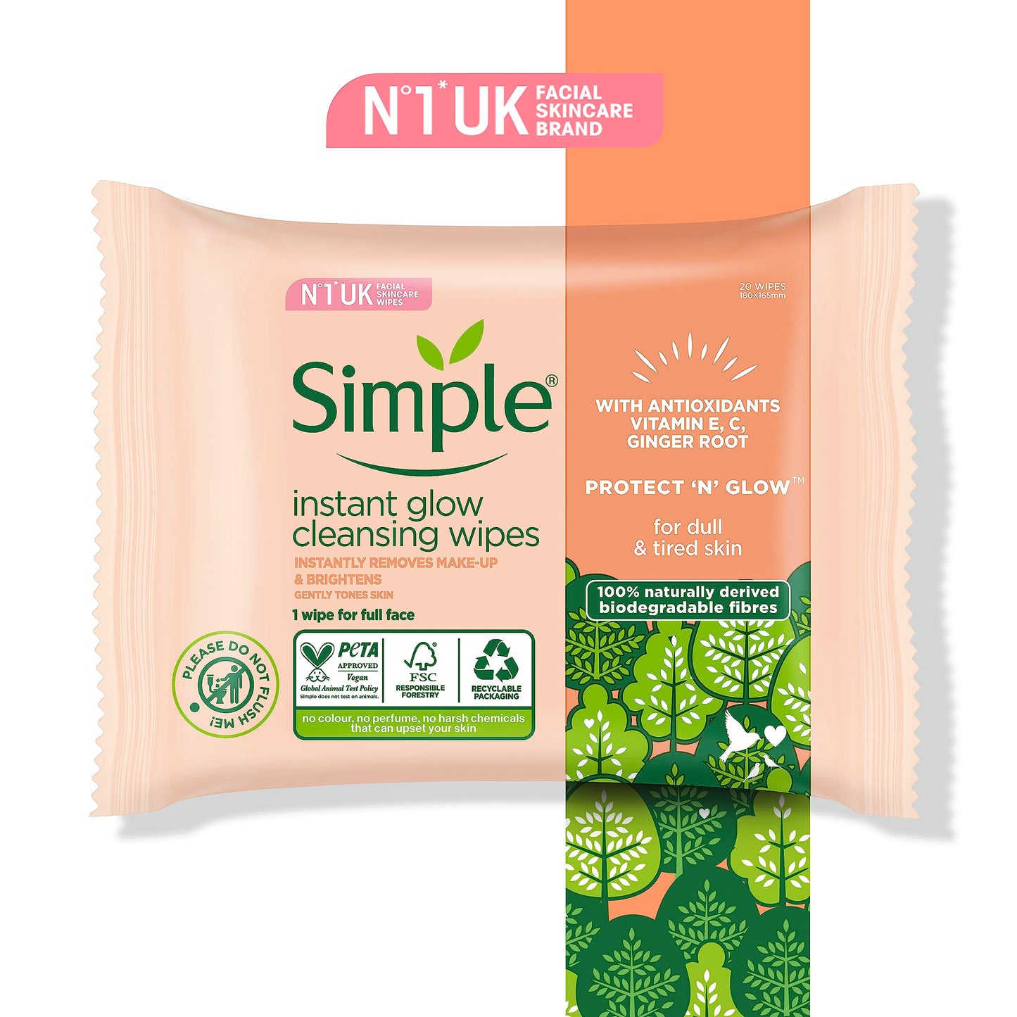 Simple Facial Wipes Protect N Glow Cleansing Bio 20 EA (Pack of 3)