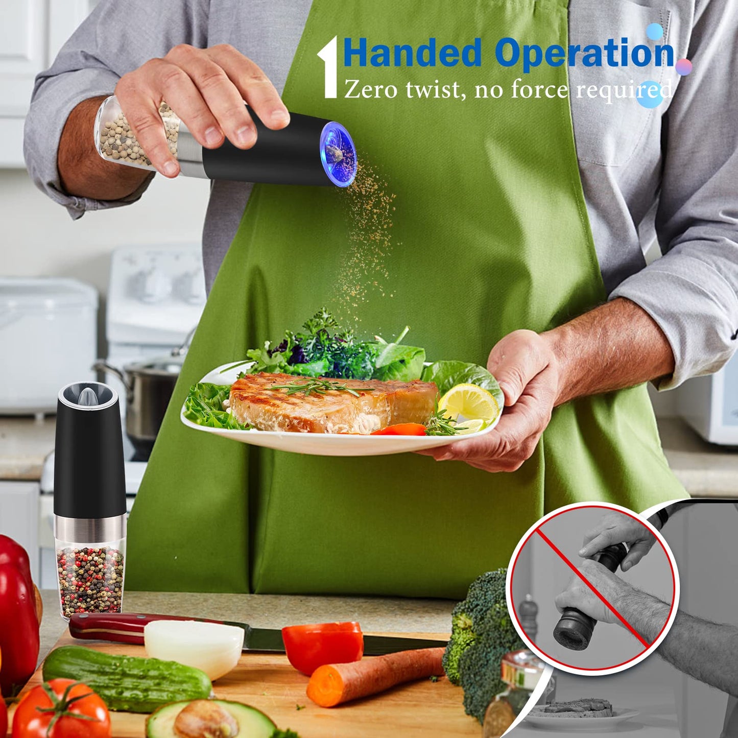 Gravity Electric Salt and Pepper Grinder Set, Battery Powered LED Light One Hand Automatic Operation, Adjustable Coarseness Mill Grinders Shakers Black (A.Black 2p)