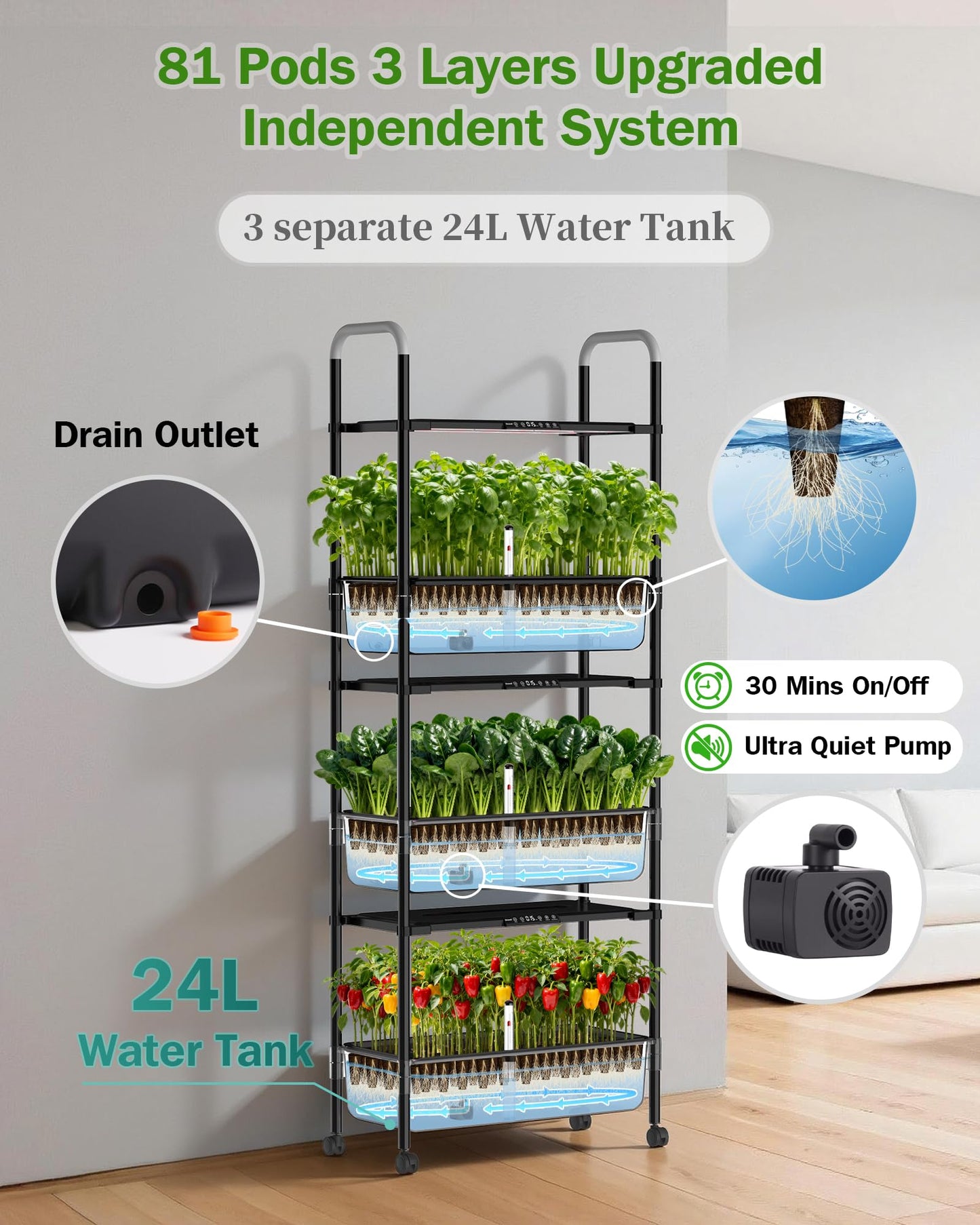 Growell Large Hydroponics Growing System Kit, Vertical Indoor Herb Garden Kit with LED Grow Light & Independent Water Pump, 42L Movable Indoor Planter Perfect Gardening Gifts (3 Tier-81 Pods, Black)