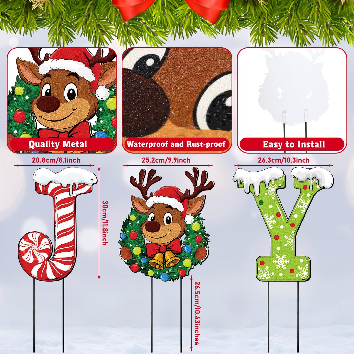 MorningRo 3 Pcs Metal Christmas Joy Yard Signs Outdoor Waterproof Candy Cane Elk Snowflakes Christmas Yard Sign with Stakes for Outside Porch Patio Lawn Garden Pathway Xmas Holiday Winter Decoration