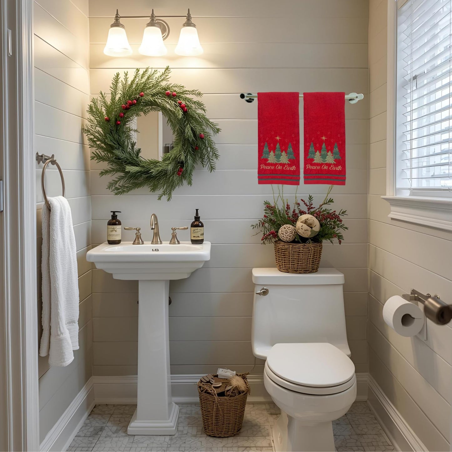 Serafina Home Christmas Hand Towels for Bathroom – Set of 2 Red 100% Cotton Embroidered Christmas Trees & “Peace On Earth” Phrase Design – 25 x 16” Decorative Holiday Bath & Kitchen Towels
