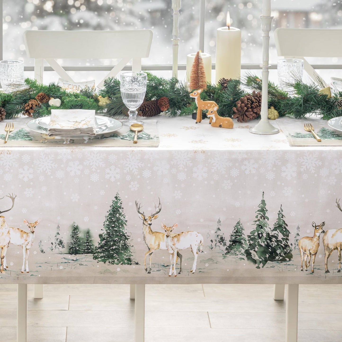 Maison d' Hermine Table Cloth Rectangle Table 100% Cotton 60 x 120 Inches Fall Tablecloth Reusable Everyday Use for Thanksgiving Christmas Decorations Dining Farmhouse Party (Deer in The Woods)