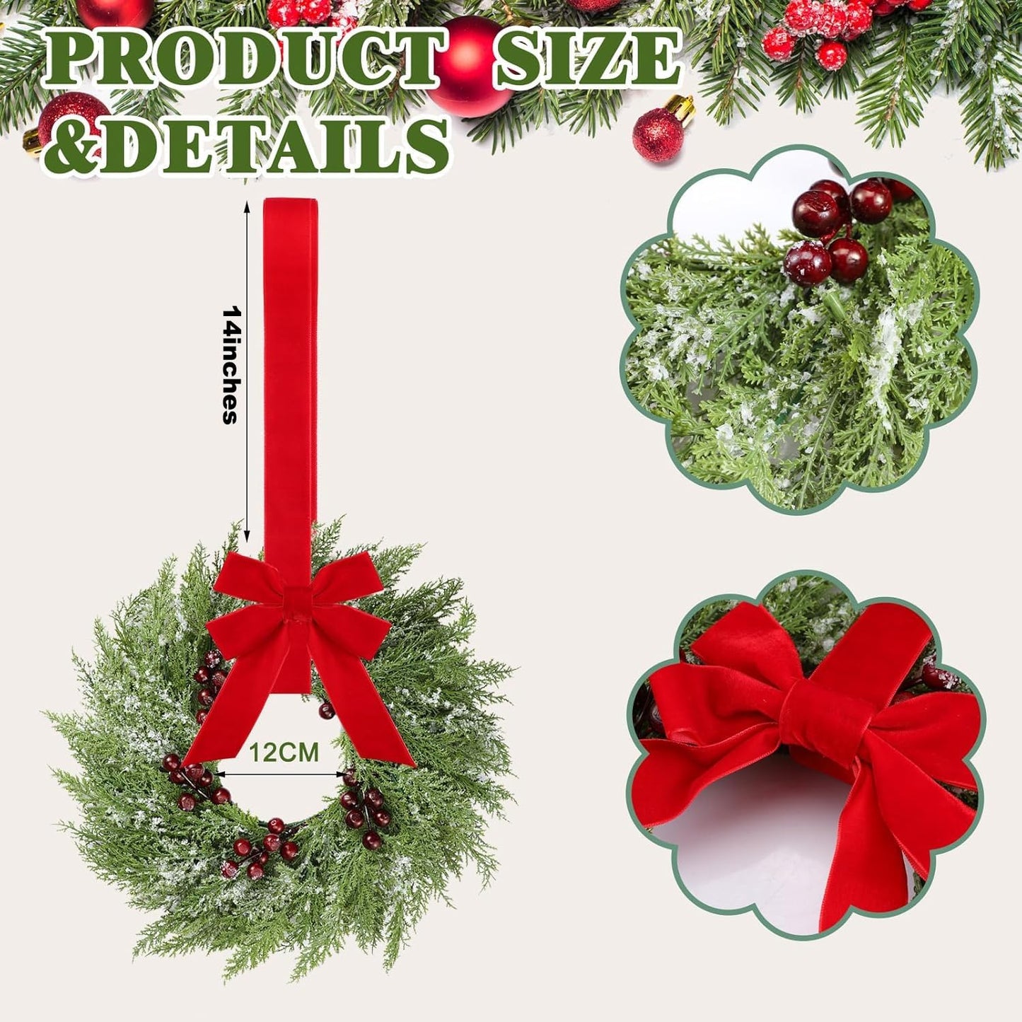 12 Pcs Small Christmas Norfolk Wreaths 15 Inch Christmas Kitchen Cabinet Mini Wreath with Bow Ribbon Cedar Berry for Xmas Front Door Window Chair Fireplace Table Pillar Farmhouse