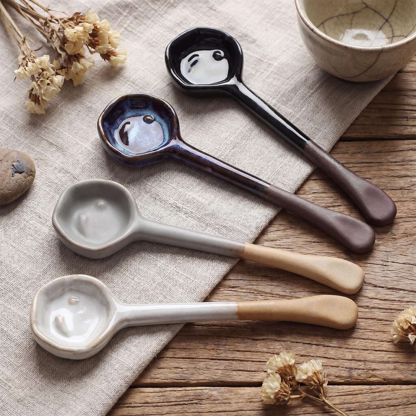 Ferrochef 4 Pack Ceramic Spoon Coffee Soup Whisk Handmade Tea Japanese Spoon Long-handle Vintage Coffee Tea Scoop for Loose Sugar and Spice Dessert (Vintage)