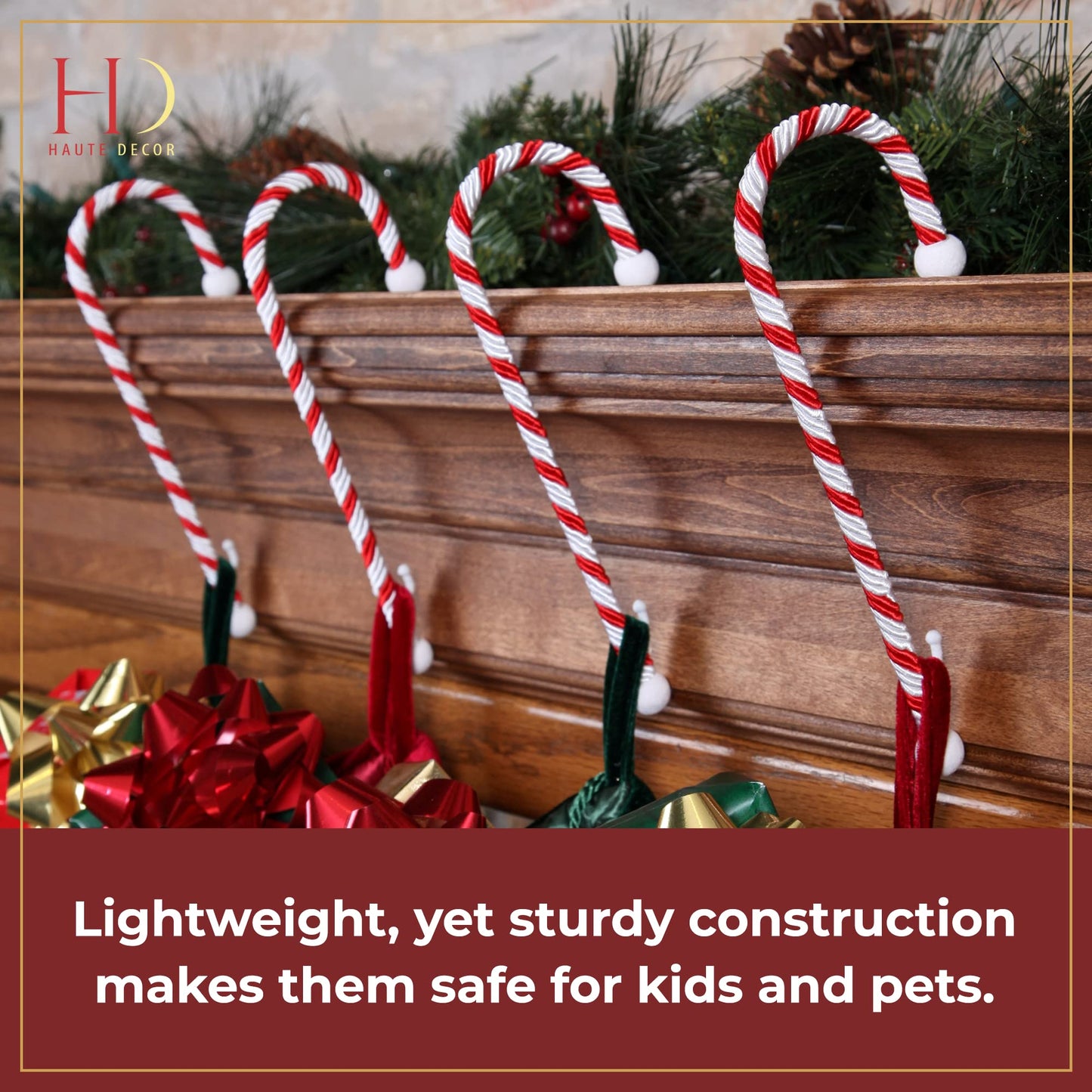 Haute Decor Candy Cane Stocking Holder (Classic Red and White) - Hang Your Christmas Stockings in Style - Lightweight Yet Holds Up to 10 lb.