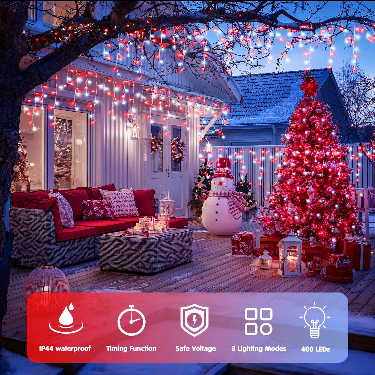 JMEXSUSS 38.8 Ft 400 LED Icicle Christmas Lights for Outside, 8 Modes Red and White Icicle String Lights Plug in with Remote, Christmas Lights Indoor Outdoor for Halloween Party Christmas Decoration