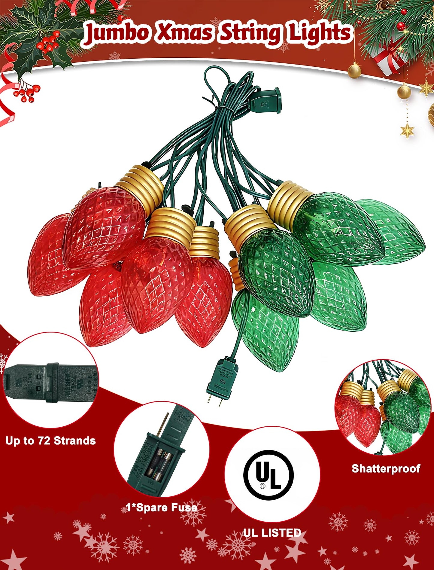 Romasaty Jumbo Christmas Lights, 16FT Giant Christmas Lights with 10 5'' LED Red Green Giant Strawberry Bulbs, C7 Hanging Xmas Light for Patio Garden Party Outdoor Xmas Decorations