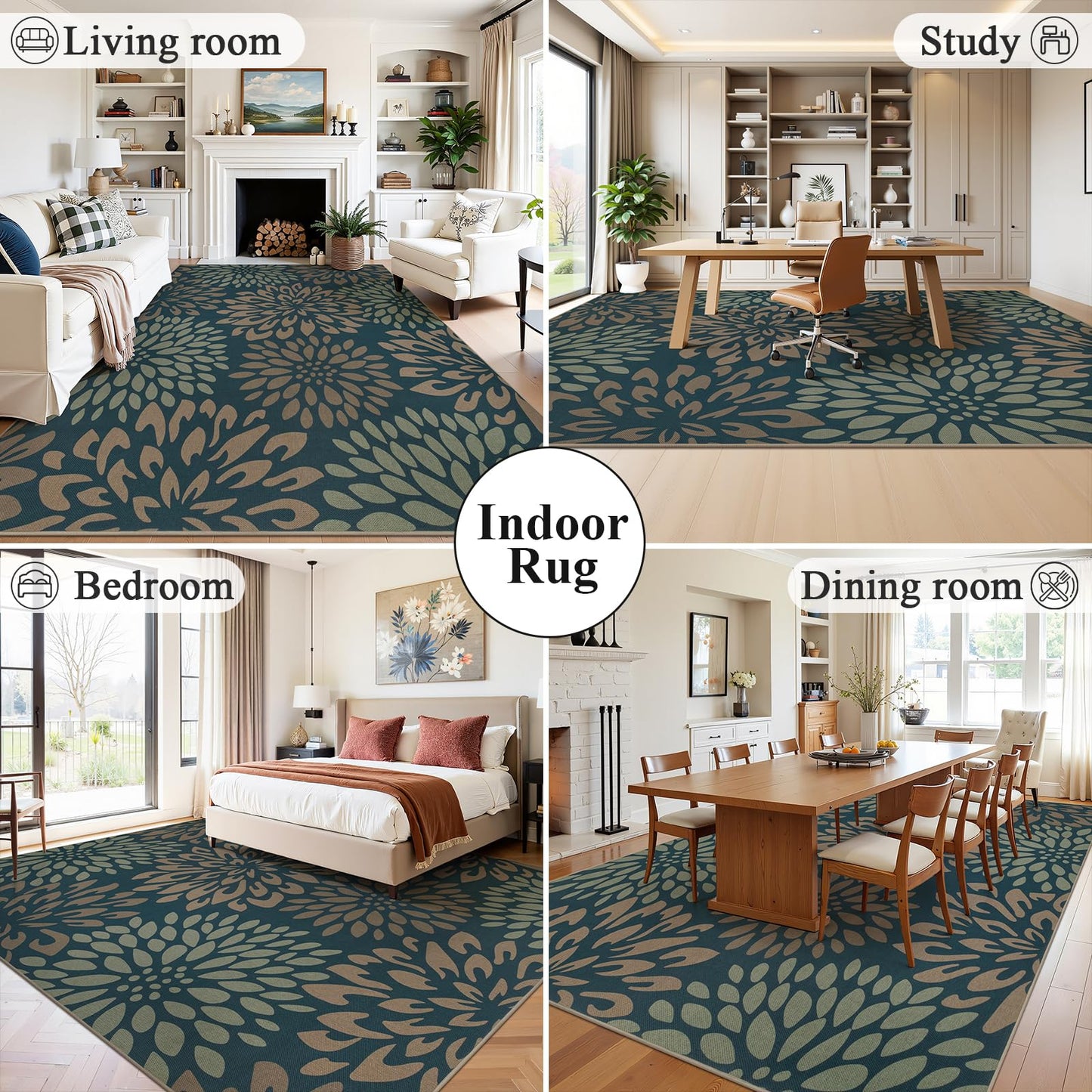 HEBE Easy Jute Area Rugs 8x10ft, Large Outdoor Rug for Patios Non Slip Washable, Floral Floor Carpet for Indoor Outdoor Bedroom Dining Room Balcony Porch