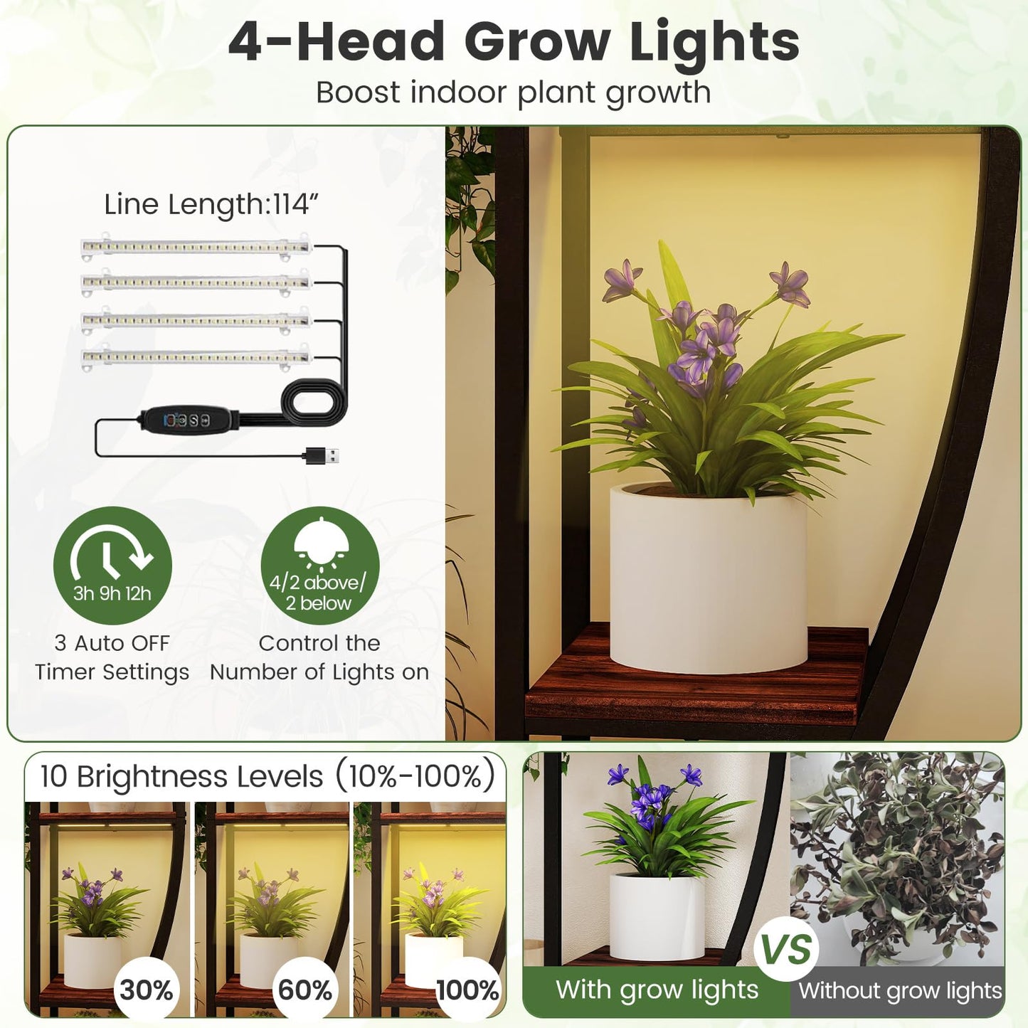 Giantex Plant Stand Indoor with Grow Lights, 10-Tier 63" Tall Metal Plant Shelf for Multiple Plants, Decorative Curved Large Flower Stand Display Pot Rack for Living Room, Home, Balcony, Patio