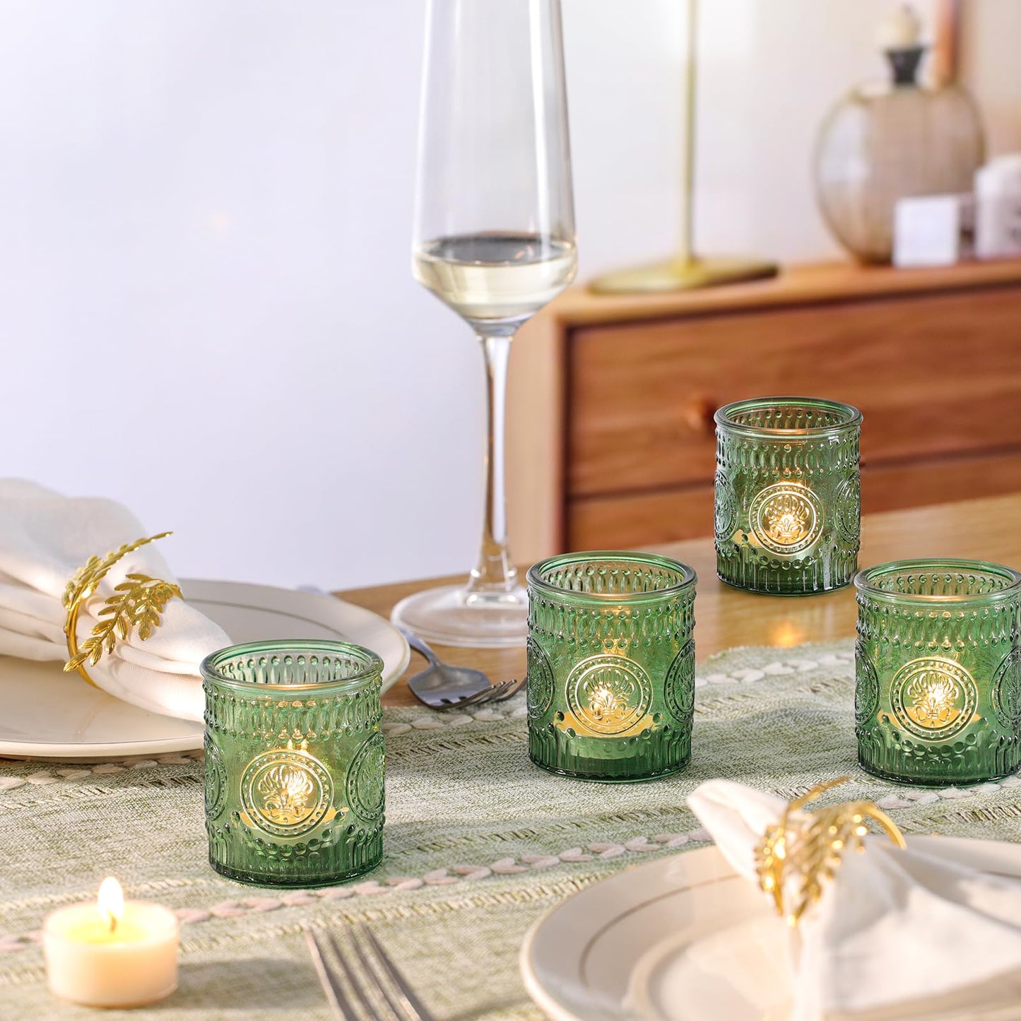 MATAHUM 36 Pcs Green Votive Candle Holders, Tea Light Candle Holders for Wedding Centerpiece, Glass Candle Holders for Table Centerpiece, Home and Party Decorations