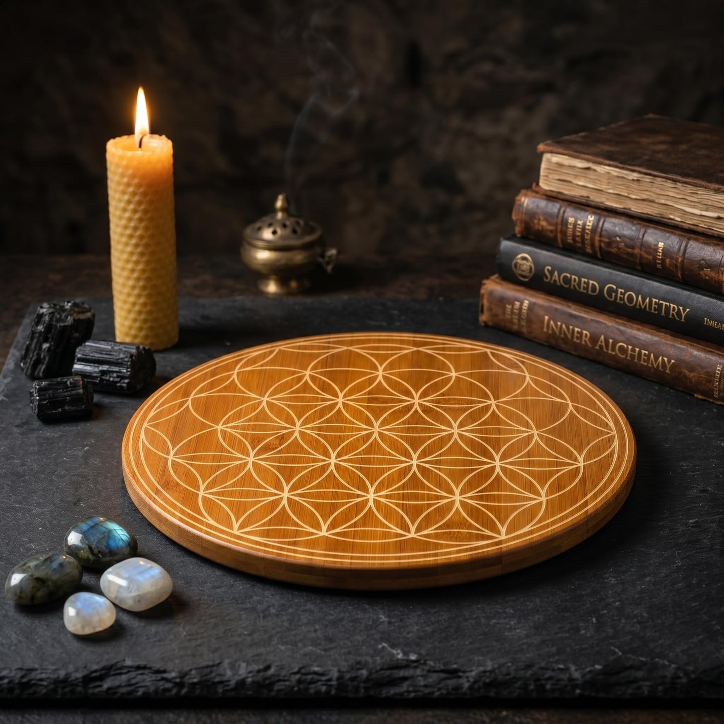 Bamura Flower of Life Crystal Grid Board 10" - Walnut Finished Bamboo Sacred Geometry Wall Art for Harmony & Zen Decor, Energy Stone Altar Plaque art work