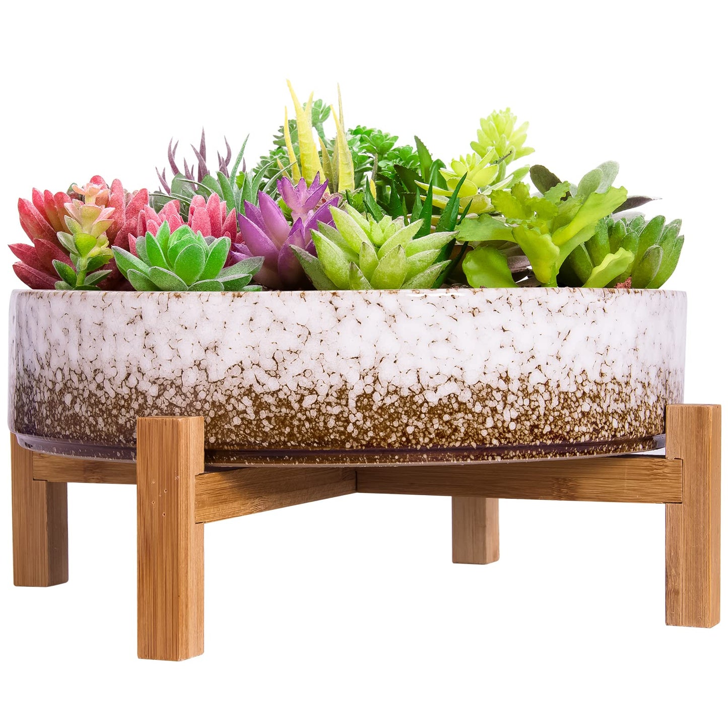 ARTKETTY Succulent Planters - 11 Inch Large Succulent Pots with Drainage, Ceramic Bonsai Pots with Bamboo Stand Shallow Planters for Indoor/Outdoor Plants Modern Cactus Flower Planter Bowl (White)