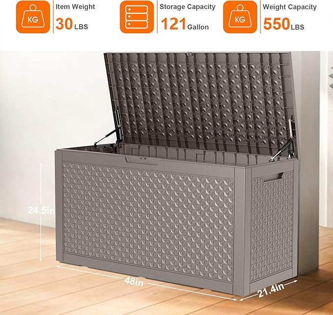 121 Gallon Outdoor Storage Box - Deck Box Waterproof Patio Furniture, Garden Tools, Cushions, Pool Accessories Outside Storage Resin Box, Grey
