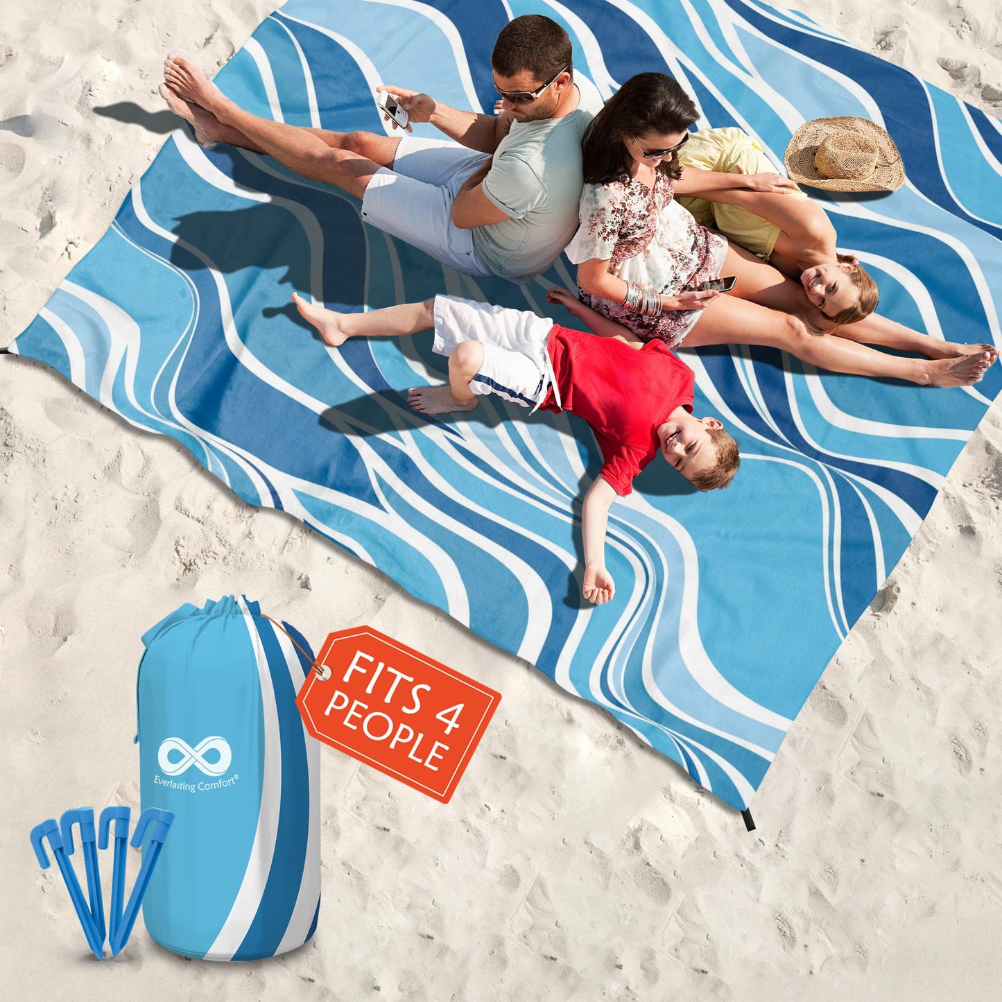 Everlasting Comfort Large Beach Blanket Waterproof & Sandproof - 80" x 80"/ 6.7ft x 6.7ft - Lightweight Picnic Mat, Camping Necessities for 4 People - Accessories for Outdoor Festivals - Blue