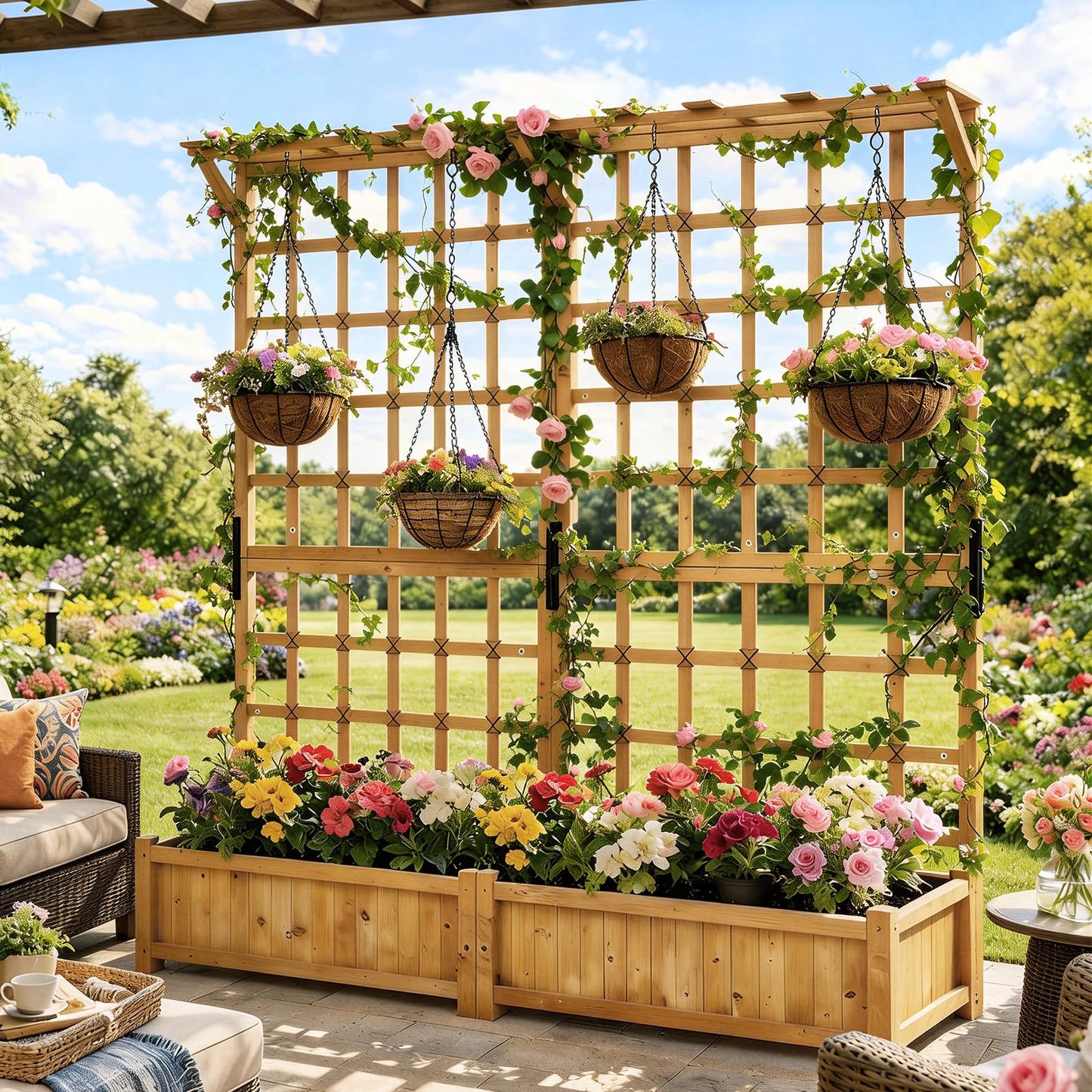 Aoxun 72" Raised Garden Bed with Trellis, Wood Planter Container with Hanging Roof & Garden Boxes for Climbing Plants Flowers Vine (2 piece)