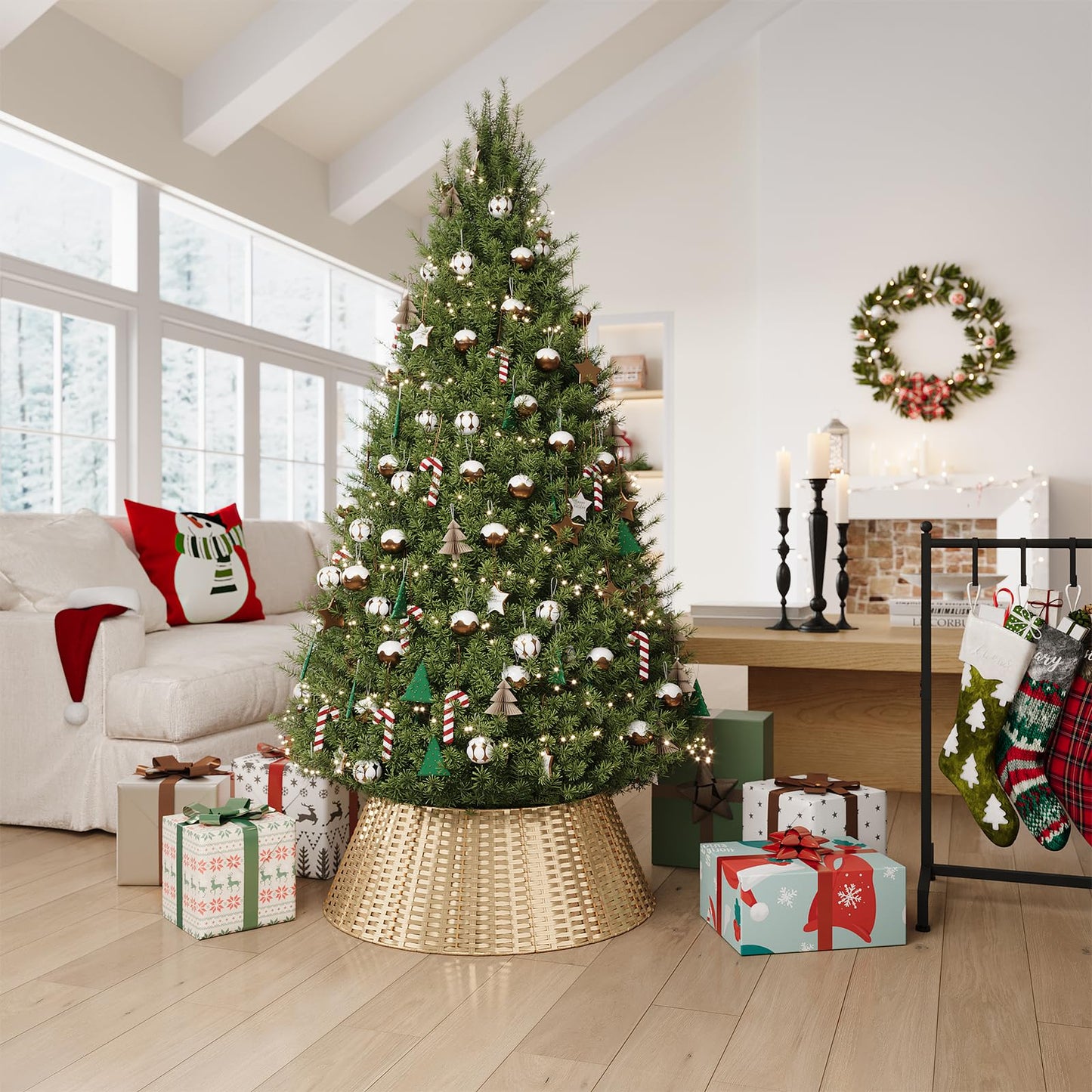 ELYKEN Gold Christmas Tree Collar, 28 Inch Woven Xmas Tree Skirt for 7.5 ft Trees, Stylish Rustic Basket for Tree Base Cover with Cord Cut-Out for Pencil Trees, Easy Assembly