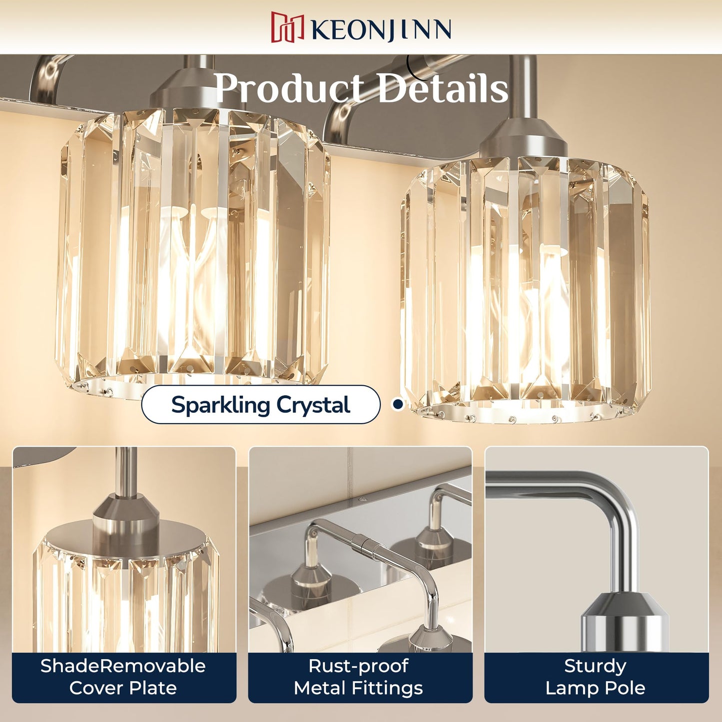 Keonjinn 5-Light Bathroom Light Fixtures, Crystal Chrome Bathroom Vanity Lights Over Mirror, Vanity Lighting Fixtures with Crystal Square Shades (E26 Socket, Exclude Bulb)