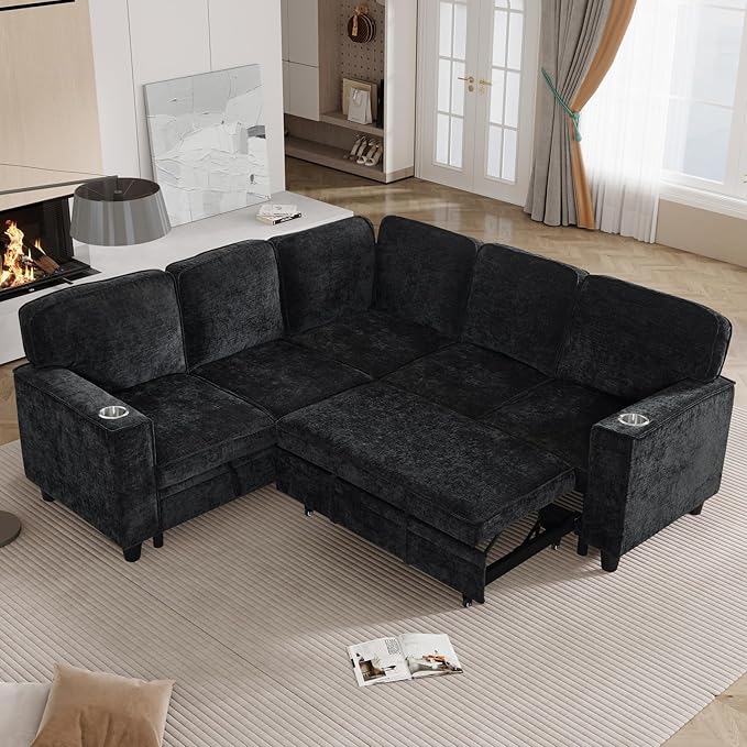 L-Shaped Sectional Couch with Storage and Pull Out Bed, Convertible Sofa Bed