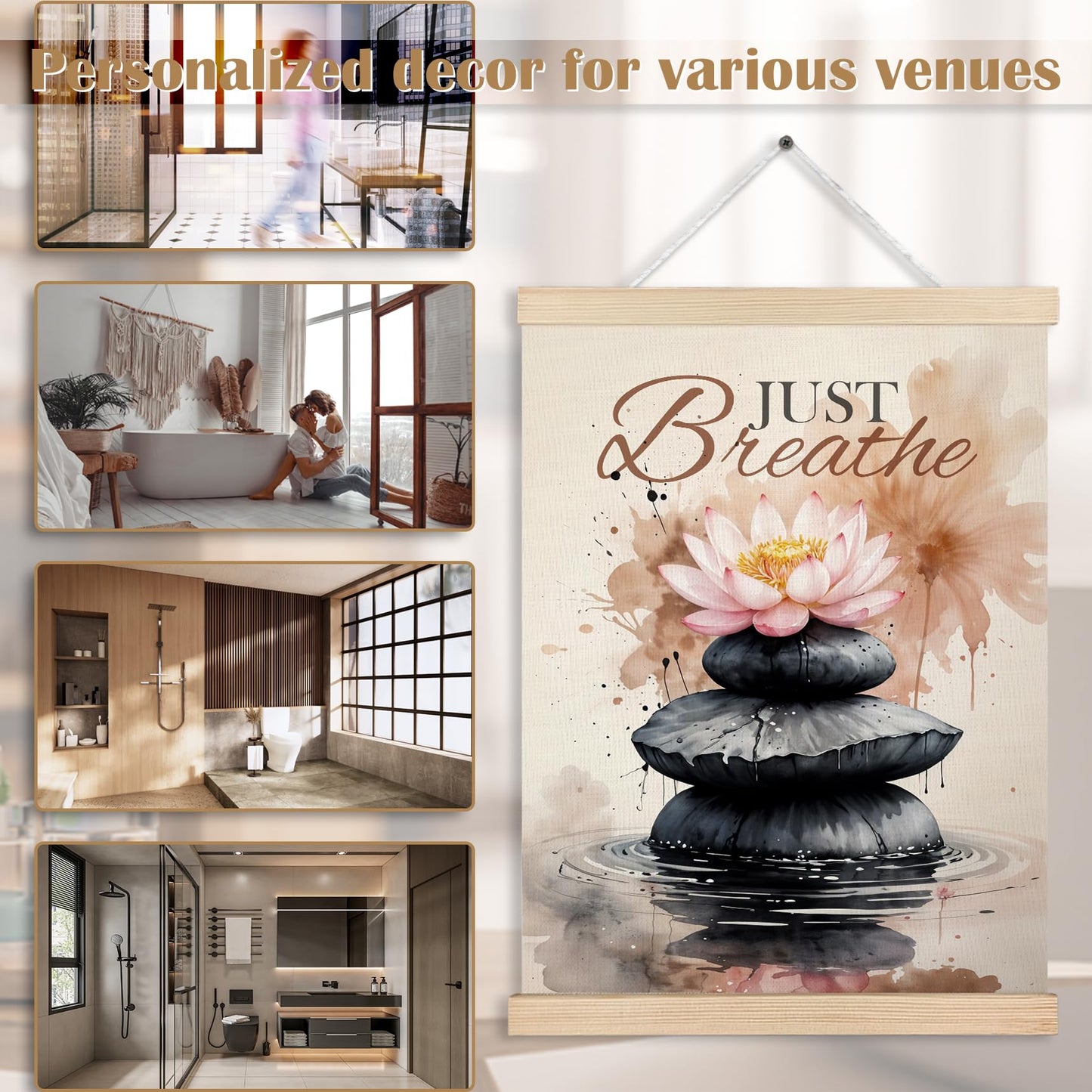 FITIE Just Breathe Zen Lotus Flower Canvas Wall Art Poster Hanger Frames, Motivational Zen Spiritual Wall Decor Prints for Bedroom Meditation Yoga Spa Room Calming Corner, 12x16 Inch