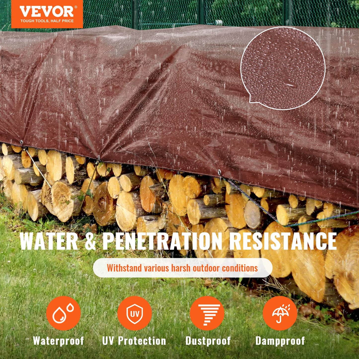 VEVOR Tarp 20x40 ft 16 Mil Extra Thick, Waterproof Poly Plastic Tarps Cover, Multi-Purpose Outdoor Tarpaulin with Grommets & Reinforced Edges for Truck, RV, Boat, Camping (Brown)