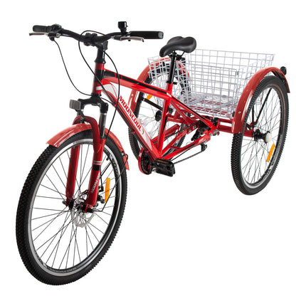 H&ZT Adult Tricycle, 3 Wheeled Bike, Trike Cruiser Bike, with 7-Speed Gear, Parking Brake Handle, Low Step, Large Rear Basket, Elderly Friendly, for Men, Women, and Teens