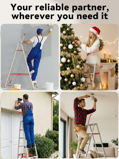 6-Step Folding Step Stool, 5.4 FT Compact Climbing Ladder with Secure Lock, Wide Non-Slip Steps & Anti-Skid Feet, Portable Carbon Steel Folding Ladder for Home, Garage, Warehouse,White