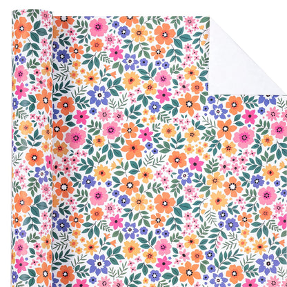 WRAPAHOLIC Kraft Floral Wrapping Paper Roll - Mini Roll - 17 Inch x 33 Feet - Ditsy Flower Wrapping Paper, Perfect for Wedding, Birthday, Bridal Shower, Tea Party