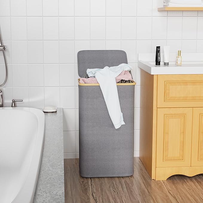 SUOCO Laundry Hamper with Lid, 29 Gal Clothes Basket with Bamboo Handles