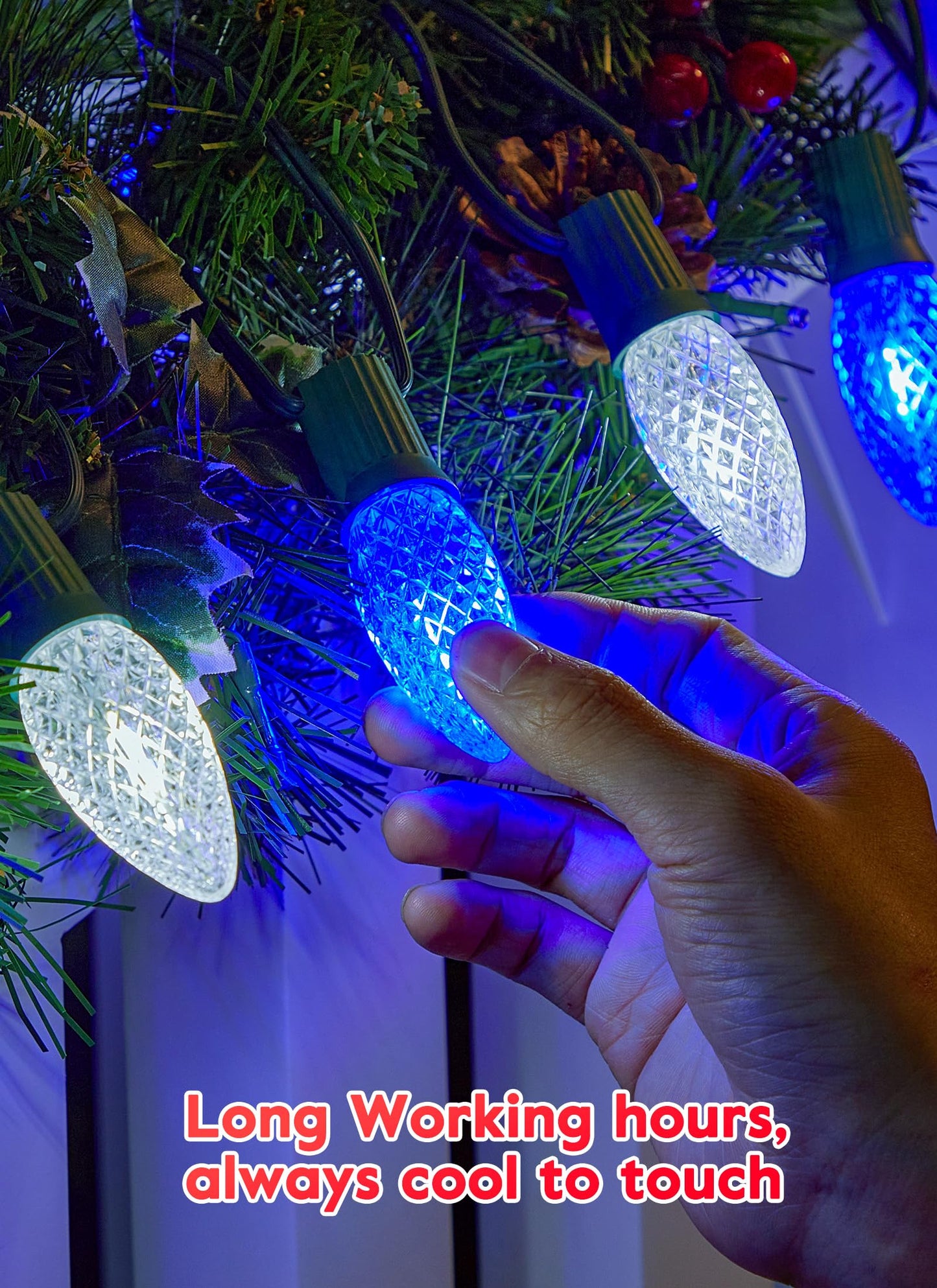 Minetom 100 Feet Led Christmas Lights,Blue White C9 Christmas String Lights Outdoor, 100 Strawberry Bulbs Connectable UL Certified for Indoor Outdoor Roofline Patio Holiday Party Backyard Xmas Decor