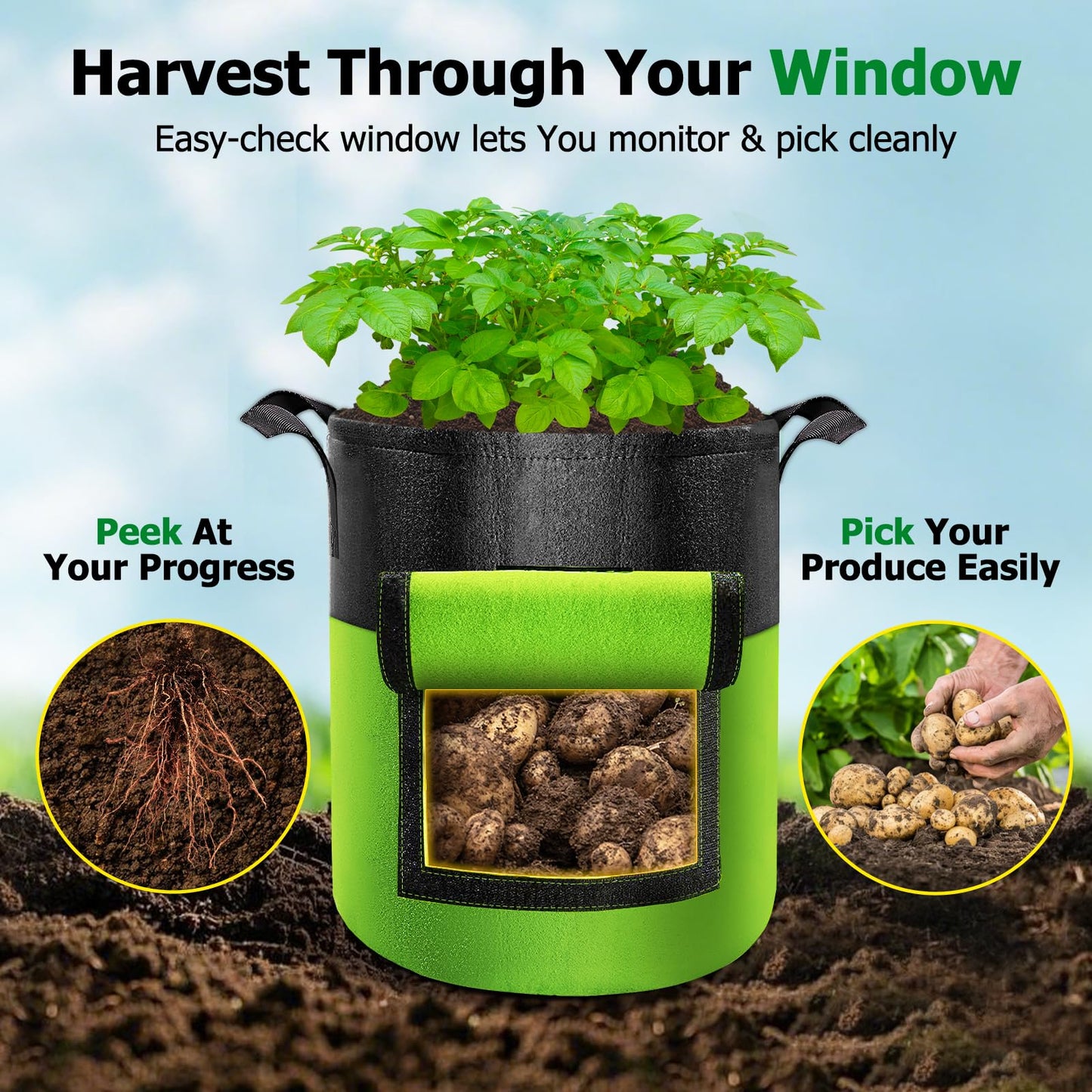 Xpatee 6 Pack Potato Grow Bags with Flap, 15 Gallon Grow Bags for Growing Potatoes, Colorful Durable Fabric Garden Planter Pots with Harvest Window for Tomatoes Vegetables Fruit Flowers Herbs