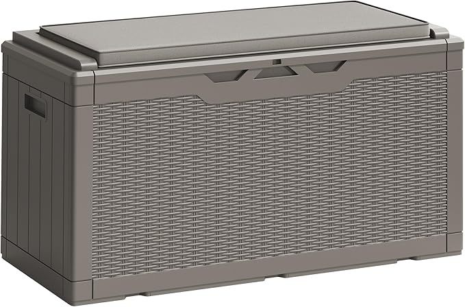 Greesum 100 Gallon Resin Deck Box Large Outdoor Storage Boxes with Cushions for Garden Tools, Patio Furniture Pillows, Pool Supplies, Light Coffee