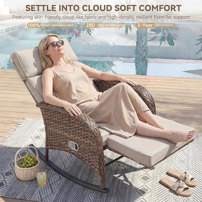 Zero Gravity Patio Rocking Wicker Recliner Chairs Set of 2- Wicker Outdoor Lounge Chair with Adjustable Backrest & Footrest, All Weather Reclining Rocker Chairs with Thick Cushion for Pool Deck Beige