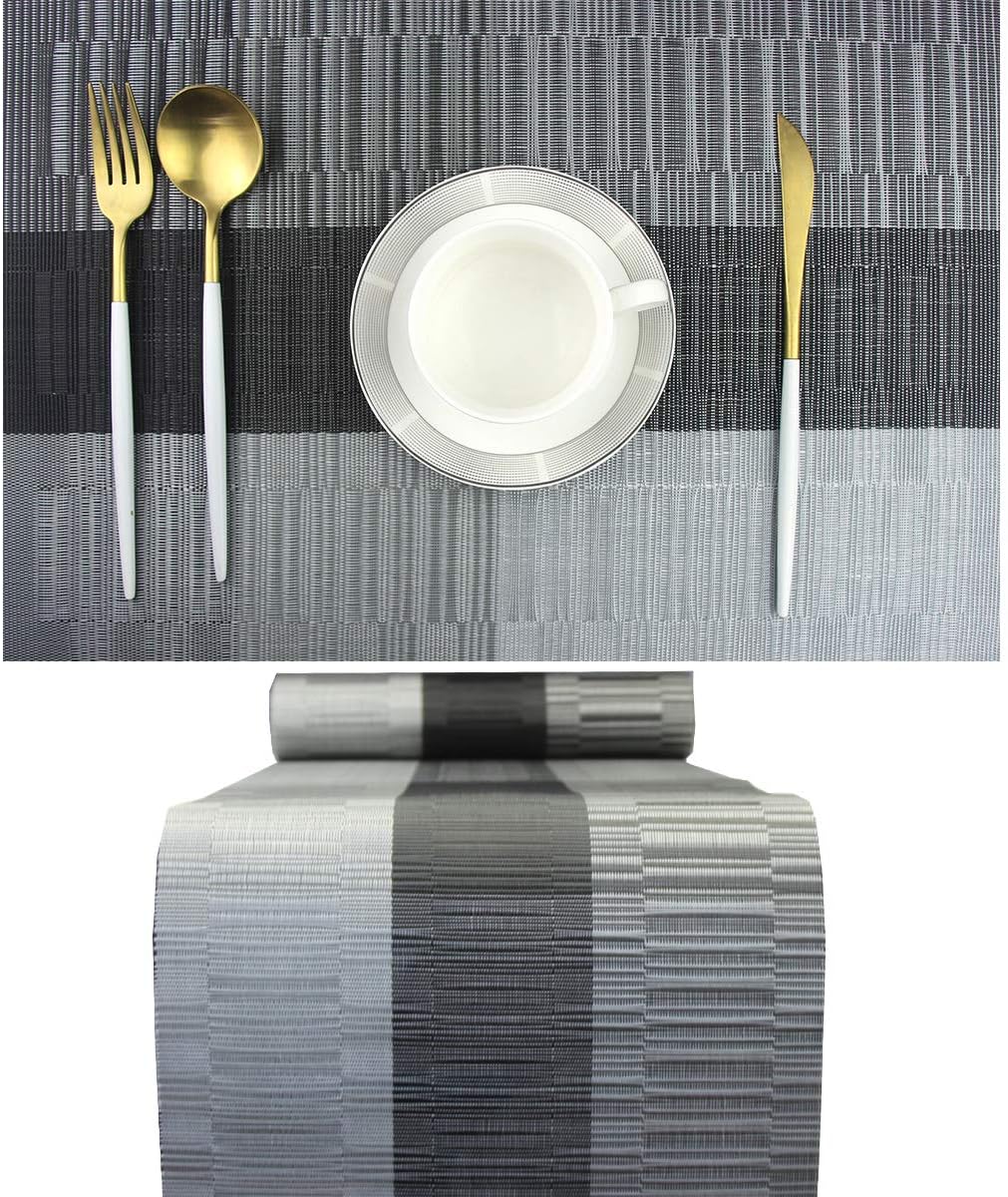 PIGCHCY Elegant Placemats with Matching Table Runner,Washable Vinyl Woven Table Mats Sets(6pcs Placemats+1pcs Table Runner, Black)