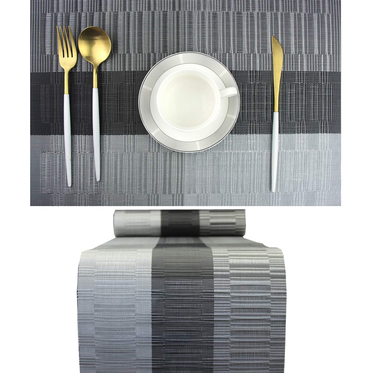 PIGCHCY Elegant Placemats with Matching Table Runner,Washable Vinyl Woven Table Mats Sets(6pcs Placemats+1pcs Table Runner, Black)