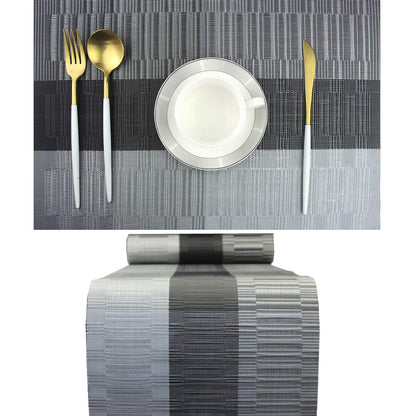 PIGCHCY Elegant Placemats with Matching Table Runner,Washable Vinyl Woven Table Mats Sets(6pcs Placemats+1pcs Table Runner, Black)
