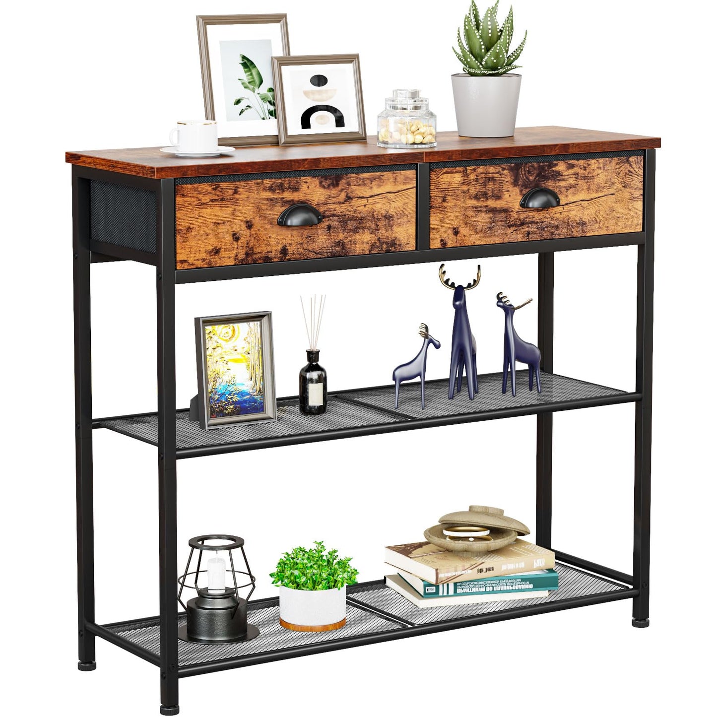 Furologee Console Sofa Table with Storage Shelf for Entry Way, Small 30'' Entryway Table with 2 Fabric Drawers, Industrial Display Shelves for Hallway, Entrance, Foyer, Rustic Brown