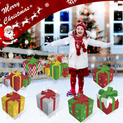 8 Pieces Christmas Yard Signs Glitter Gift Box Outdoor Lawn Decorations with 16 Stakes Funny Holiday Present Box Yard Decorations for Christmas Home Lawn Party Supplies