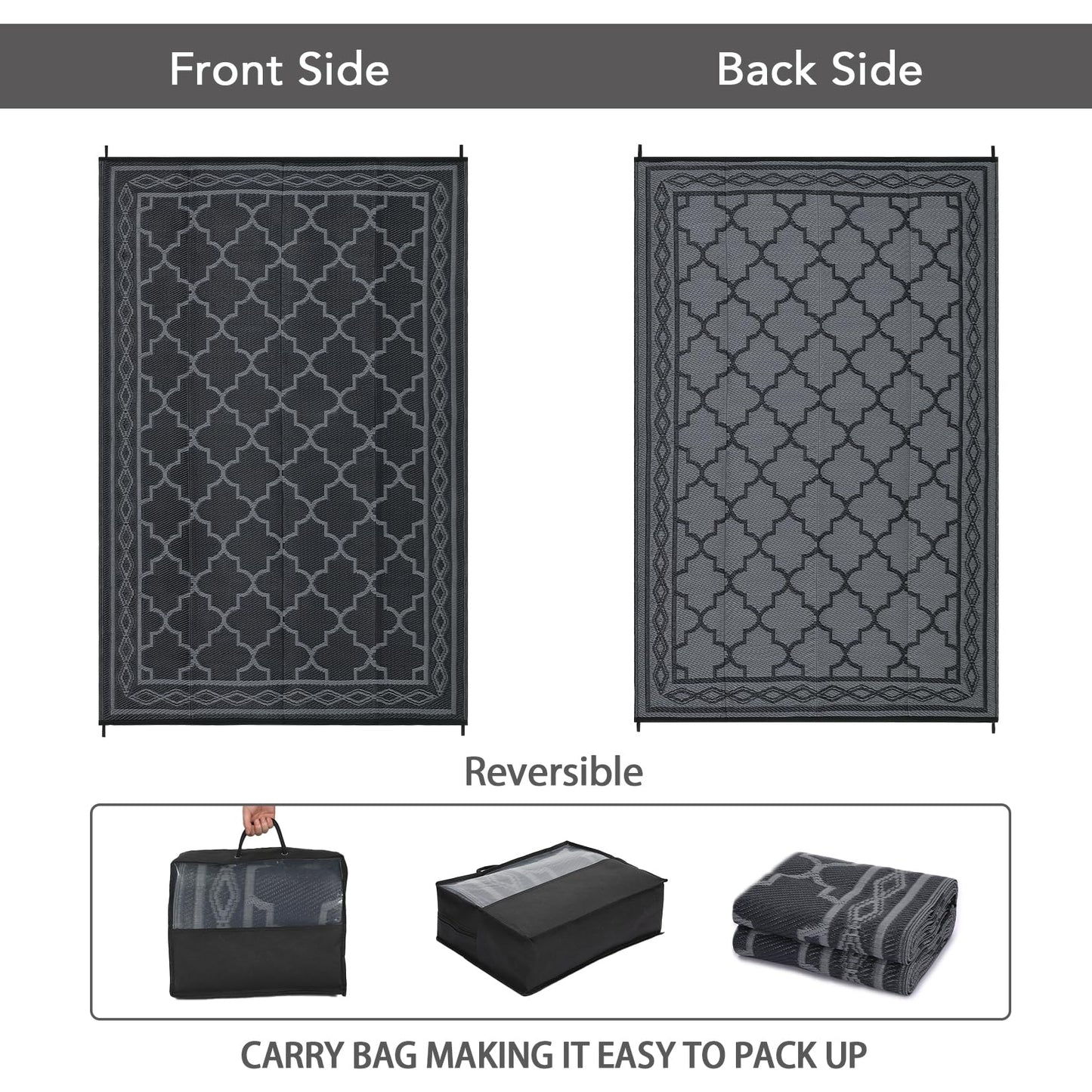 GlowSol Outdoor Rug 9x18 for Patios Waterproof Mat Outdoor Plastic Straw Rug Clearance, Reversible Carpet for Rv,Large Outside Carpet for Porch, Deck, Camper, Balcony, Backyard, Picnic,Black Grey