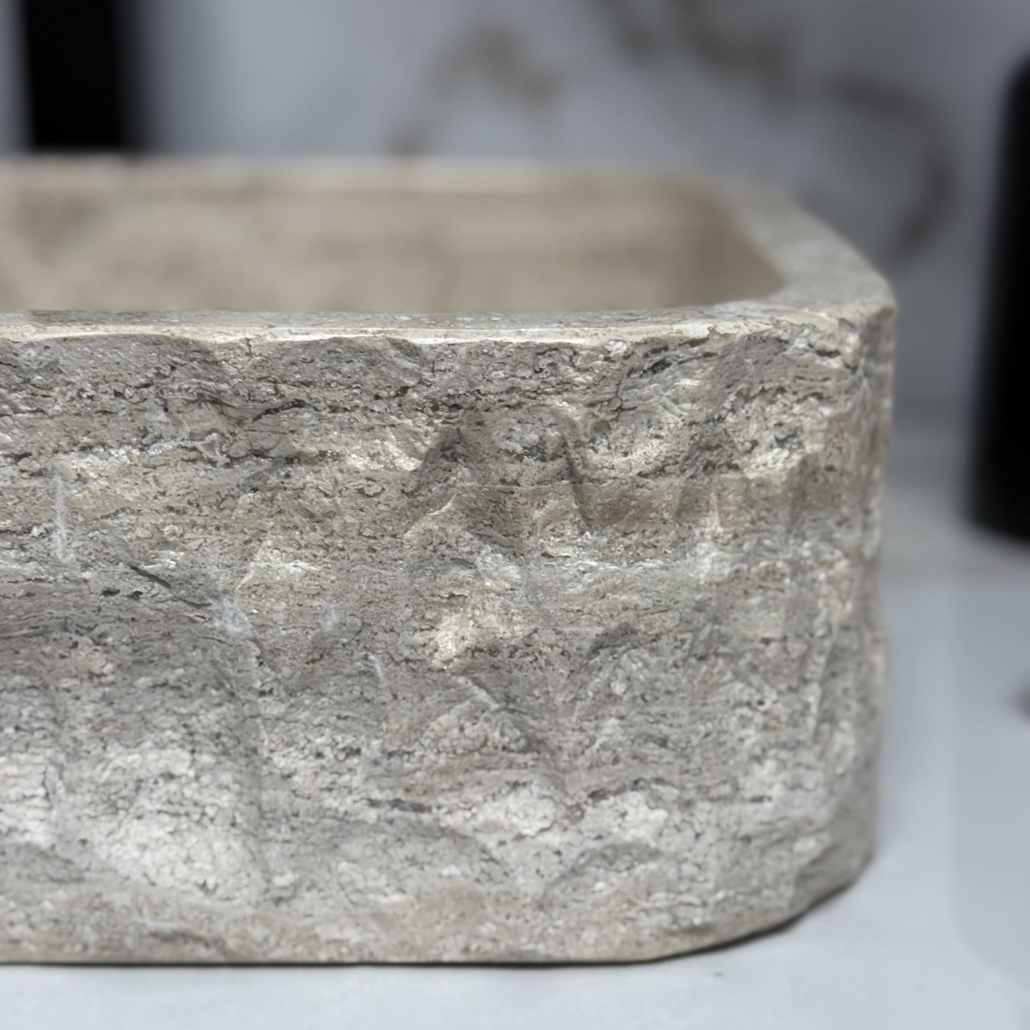 Shades of Nature Rectangular Travertine Vessel Sink, Natural Stone Wash Basin, Hand-Carved Bathroom Sink, Chiseled Exterior, Polished Interior, Above Counter Vanity (Soap Tray Included)