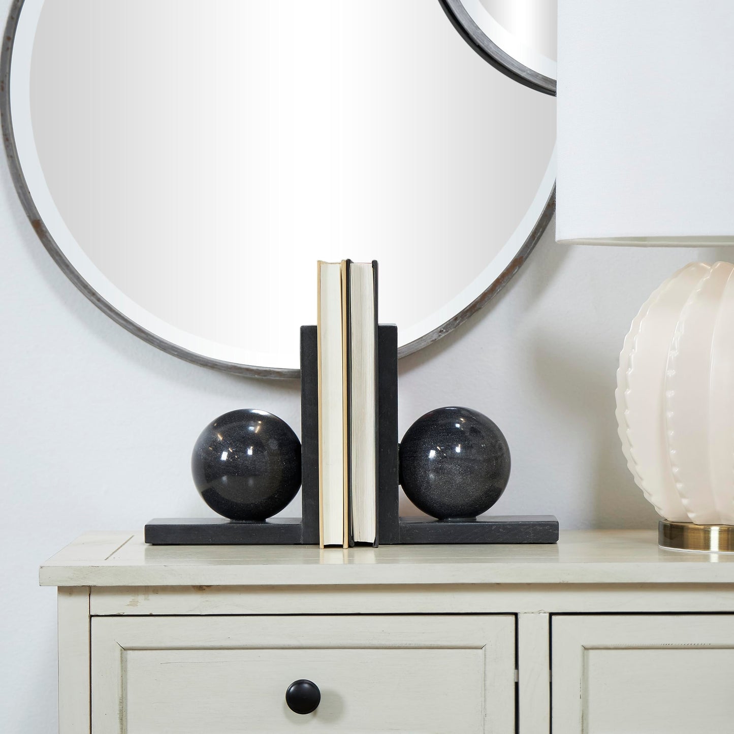 Deco 79 Marble Geometric Sleek Orb Bookends with L- Shaped Bases, Set of 2 6" W, 7" H, Black