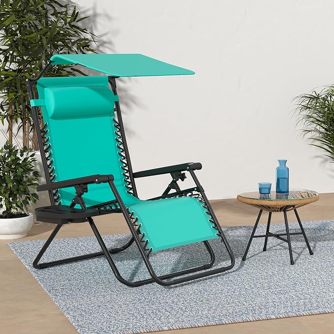 Best Choice Products Folding Zero Gravity Outdoor Recliner Patio Lounge Chair w/Adjustable Canopy Shade, Headrest, Side Accessory Tray, Textilene Mesh - Mint